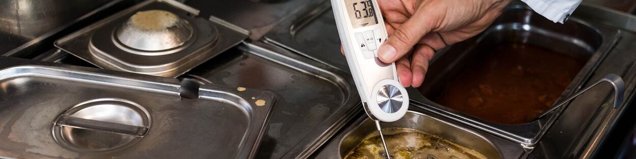 Inspecteur meet met steekthermometer in bak temperatuur voedsel