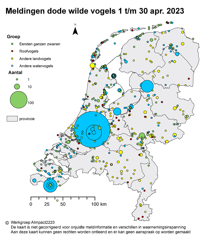 Op dit kaartje staat waar in Nederland dode wilde vogels zijn gevonden van 1 t/m 30 april 2023. Het gaat om vogelsoorten die gevoelig zijn voor vogelgriep.
