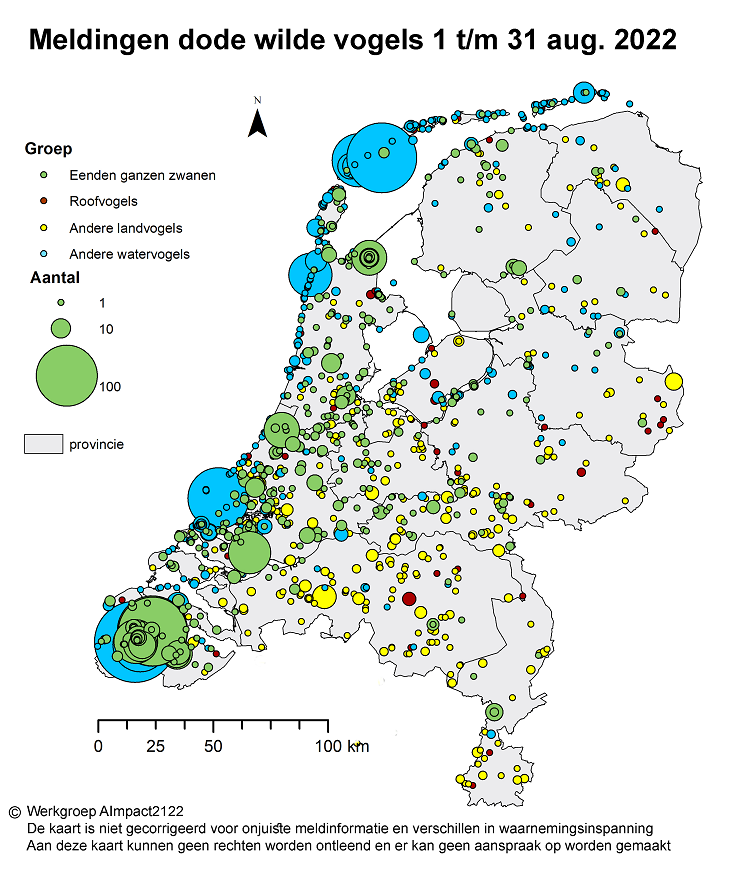 Op dit kaartje staat waar in Nederland dode wilde vogels zijn gevonden van 1 t/m 31 augustus. Het gaat om vogelsoorten die gevoelig zijn voor vogelgriep.