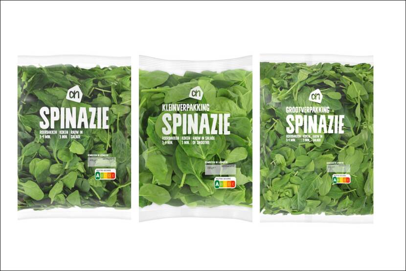 3 zakken AH spinazie 200, 400 en 600 gram