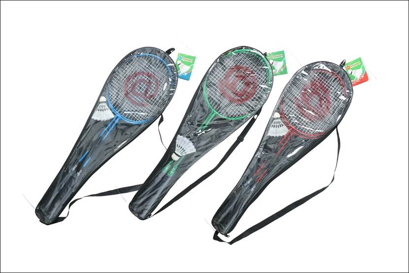 Badmintonset 3 stuks blauw, groen en rood, in plastic etui
