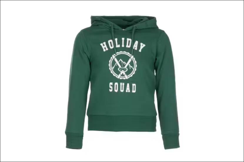 Groene kindersweater met capuchon en tekst holiday squad in witte letters