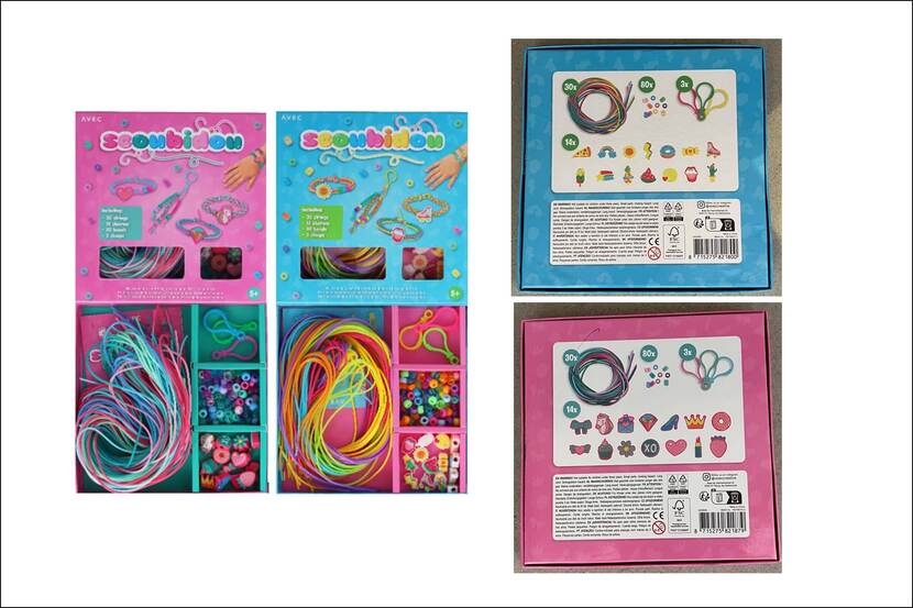 Kinder sieradenset van Scoubidou in roze en blauwe doos met touwtjes en bedeltjes