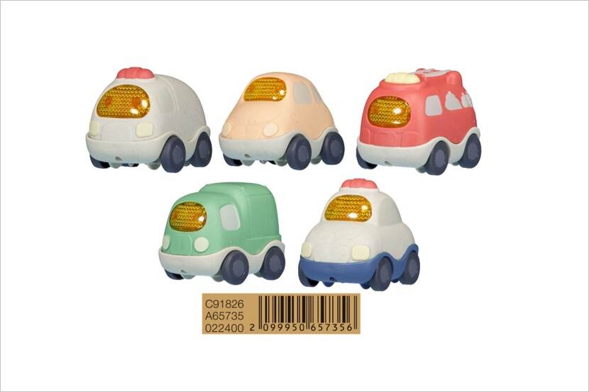 Vijf speelgoedautootjes in verschillende kleuren