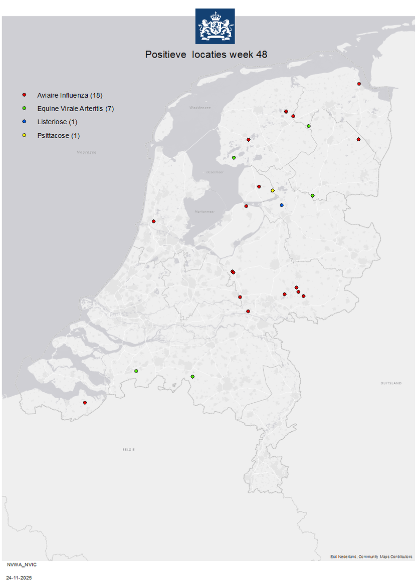 Aangetoonde besmettingen dierziekten in Nederland week 48 2025