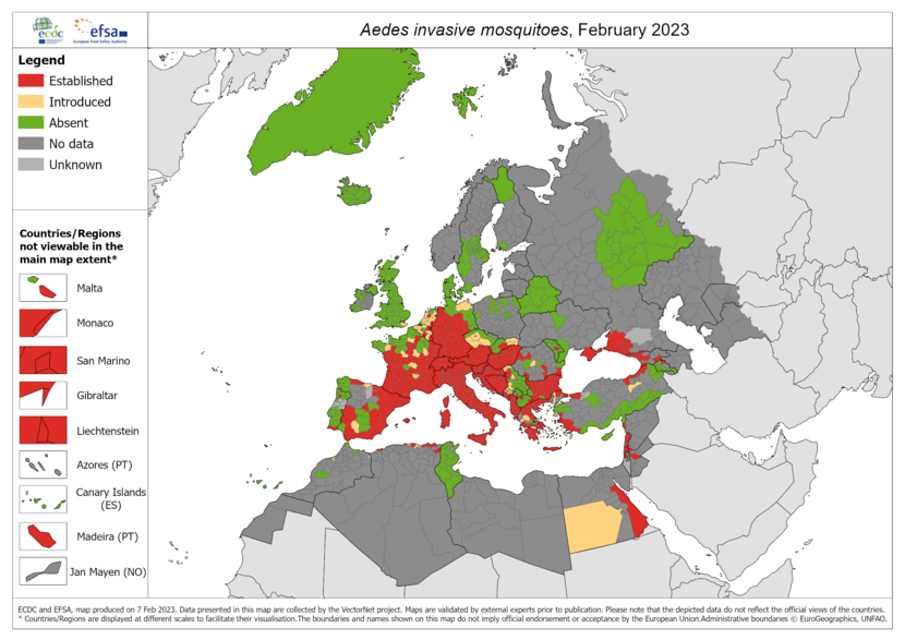 Risicogebieden in Europa invasieve exotische muggen