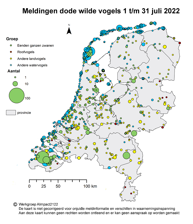 Op dit kaartje staat waar in Nederland dode wilde vogels zijn gevonden van 1 t/m 31 juli. Het gaat om vogelsoorten die gevoelig zijn voor vogelgriep.
