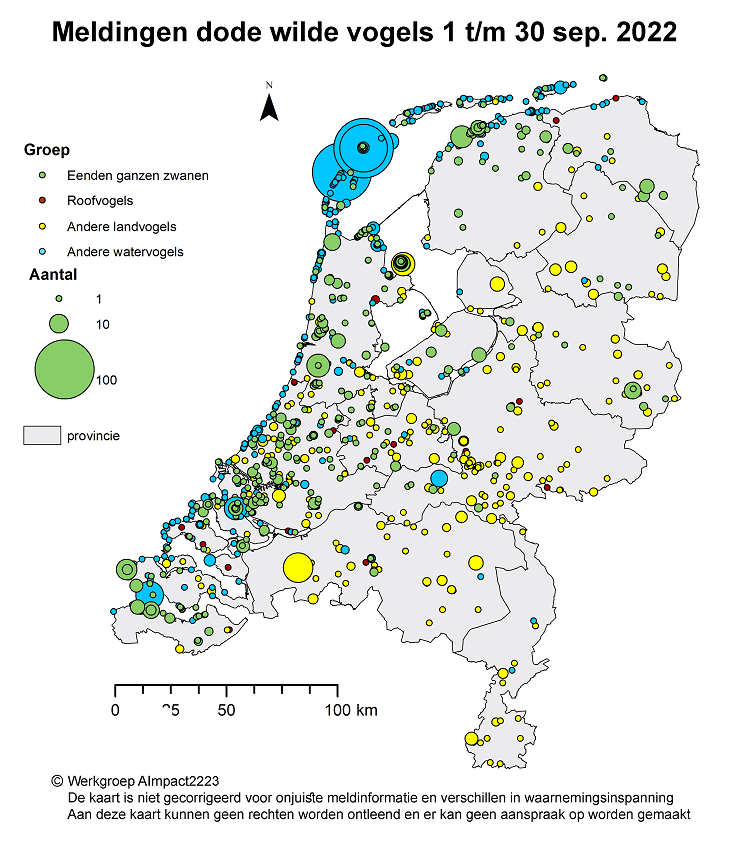 Op dit kaartje staat waar in Nederland dode wilde vogels zijn gevonden van 1 t/m 30 september. Het gaat om vogelsoorten die gevoelig zijn voor vogelgriep.
