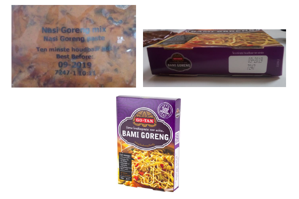 foto van een zakje saus met opgedrukte tekst Nasi Goreng Mix en daarnaast de verpakking, een doosje van het merk Go Tan met aanduiding Bami Goreng