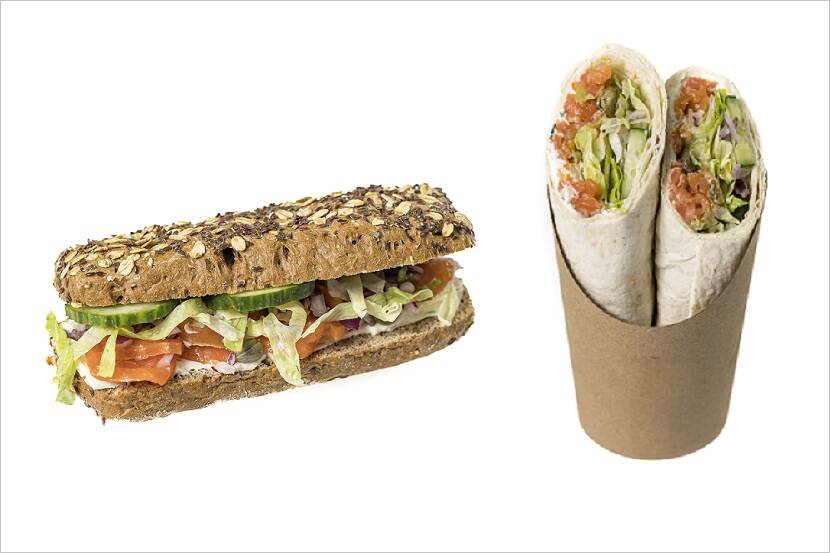 Volkoren bun gerookte zalm en wrap met gerookte zalm