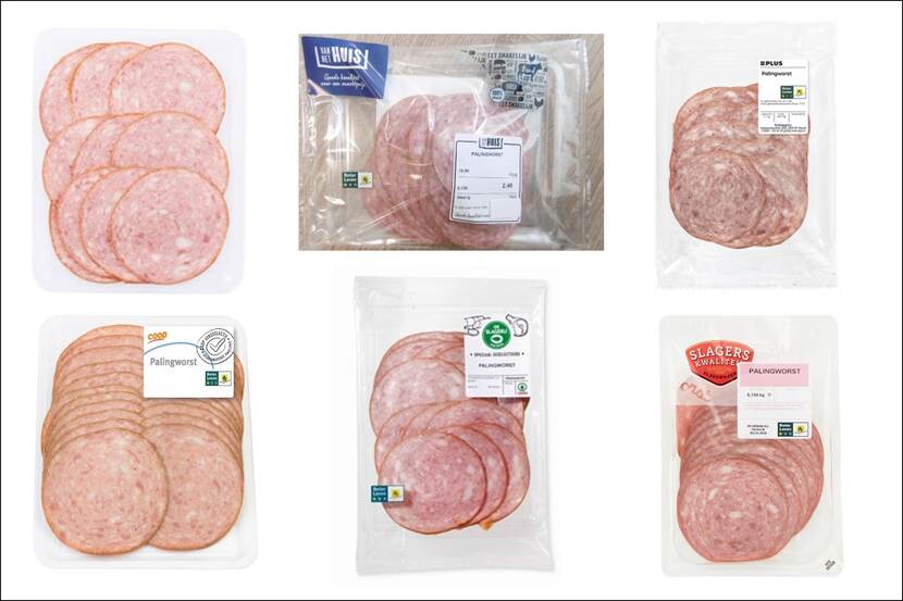 Diverse merken plakjes palingworst in plastic verpakkingen