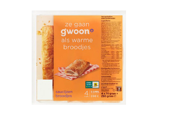 Verpakking van g’woon saucijzenbroodjes, oranje kleur