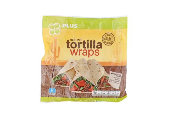 verpakking van plus tortillawraps: gele balk bovenaan en drie gevulde wraps