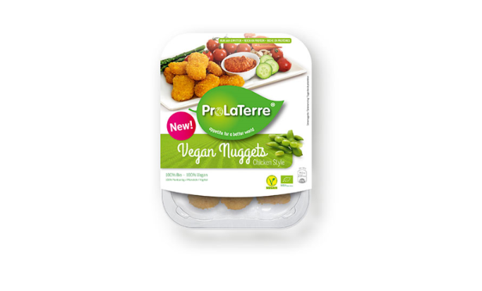 Verpakking LaTerre Vegan Nuggets, wit met groene tekstblokken