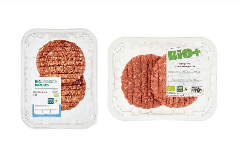 Verpakking Biologisch PLUS hamburger 2 stuks en verpakking Bio+ hamburger 2 stuks