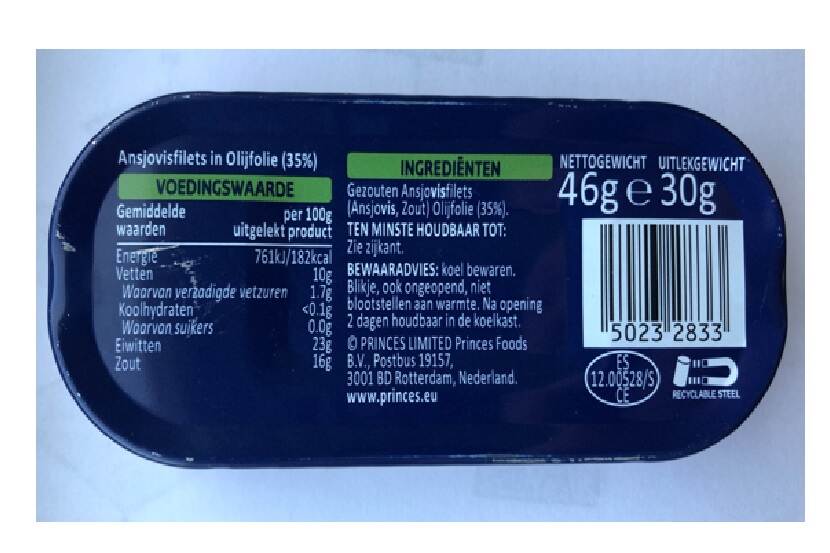 Princes ansjovis in olijfolie achterkant blik