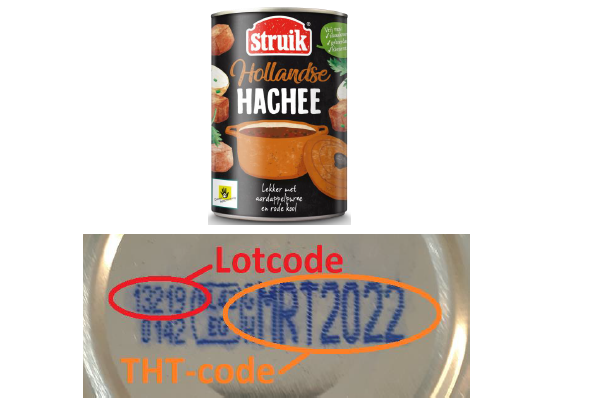 Blik met etiket Hollandse hachee van Struik en afbeelding van de lotcode 13219 en THTdatum maart 2022 op de onderkant