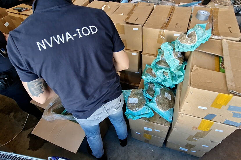 NVWA-IOD inspecteur doorzoekt stapel kartonnen dozen