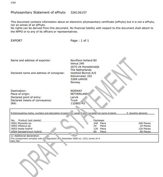 Fytosanitair certificaat: Afdrukvoorbeeld vóór waarmerken